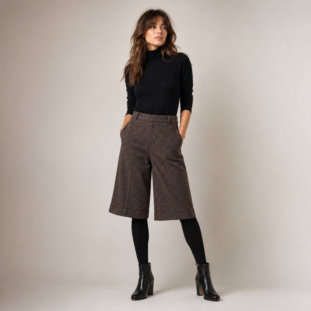 Vintage Y2K Twenty One Culottes Women M Brown Cropped Trousers Tweed Academia